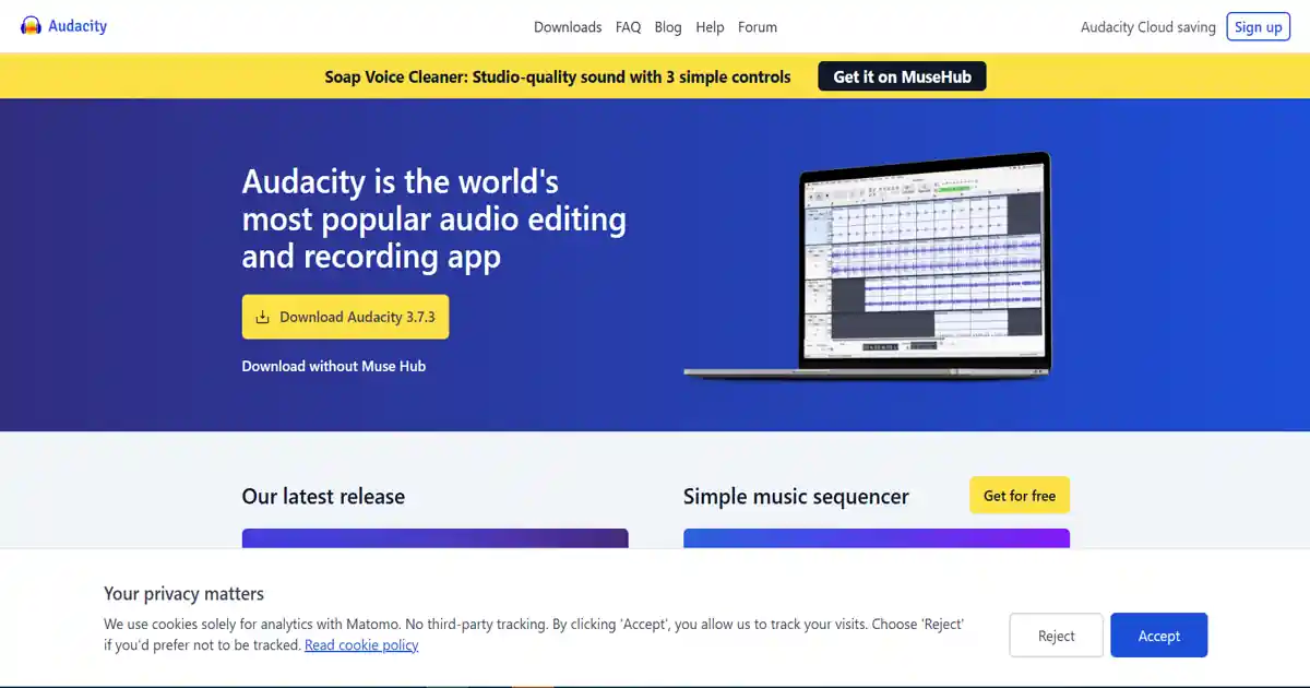 لقطة شاشة لموقع Audacity تعرض واجهة برنامج تحرير الصوت.