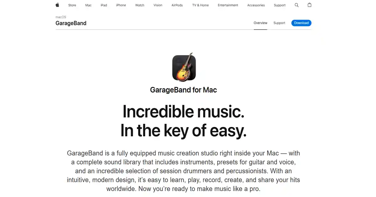 صفحة تنزيل برنامج GarageBand من Apple، المستخدم في تقطيع الصوت وإنشاء الموسيقى.
