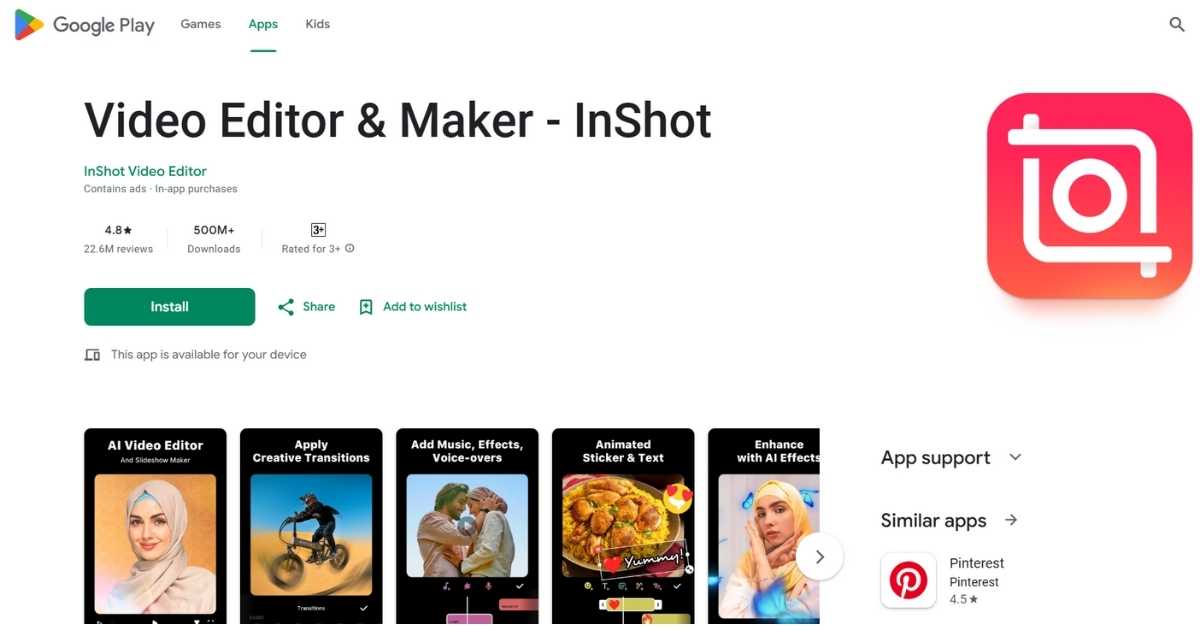 صفحة تطبيق InShot Video Editor & Maker
