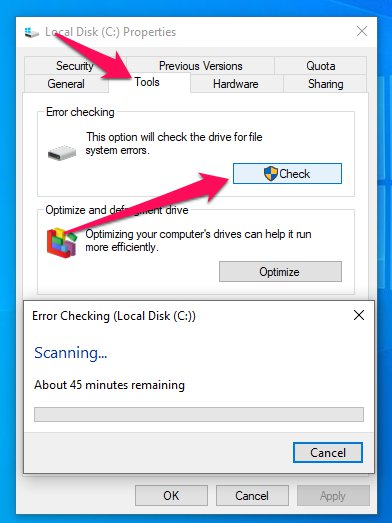 فحص وإصلاح أخطاء نظام الملفات والقطاعات التالفة على القرص الصلب
