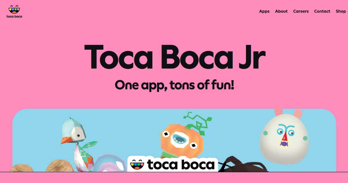 صفحة ويب وردية وزرقاء تعرض شعار Toca Boca Jr وشخصيات كرتونية مرحة.