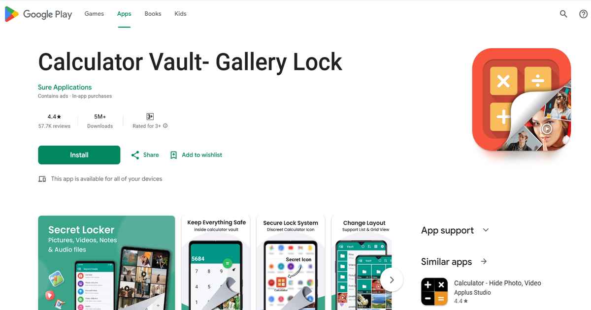 تطبيق Calculator Vault لقفل الصور داخل واجهة آلة حاسبة.
