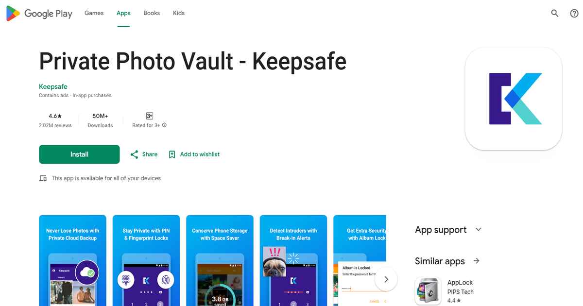 تطبيق Keepsafe لحماية الصور من متجر Google Play.