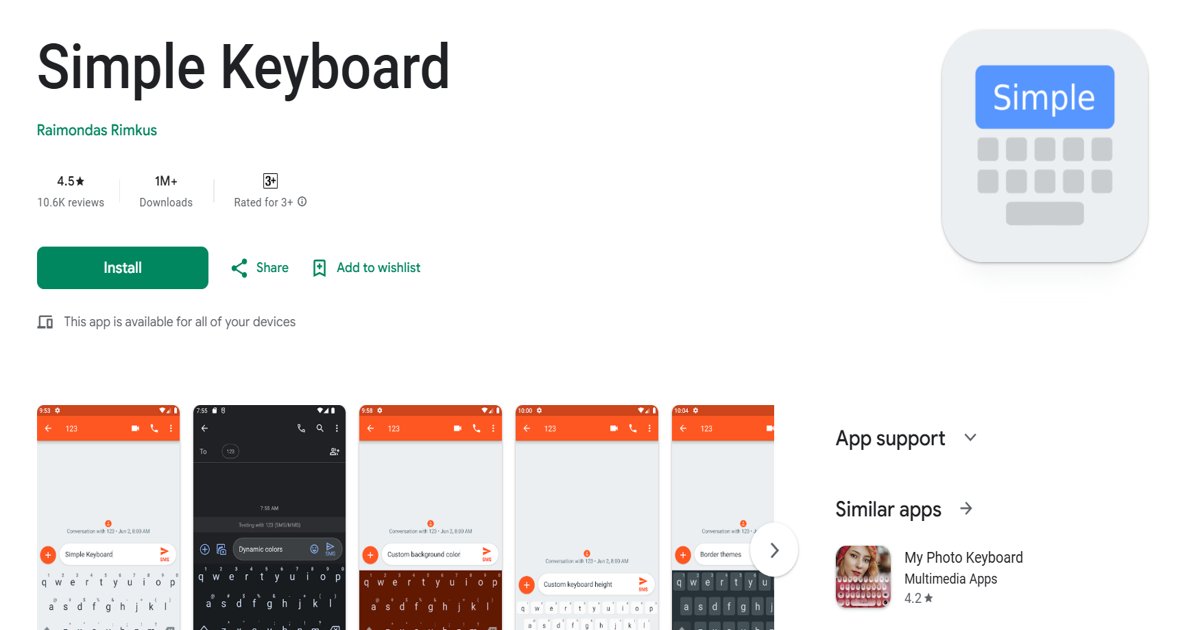واجهة تطبيق Simple Keyboard على متجر Google Play