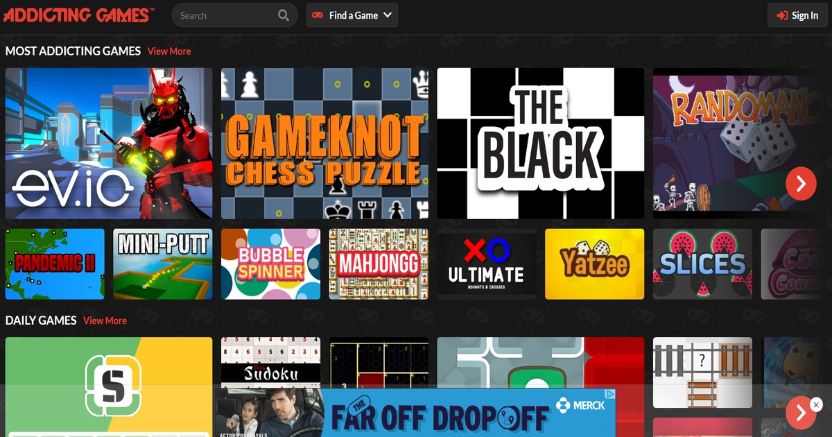 واجهة موقع AddictingGames.com تعرض مجموعة من الألعاب سريعة الإدمان، من أشهر مواقع العاب اونلاين.