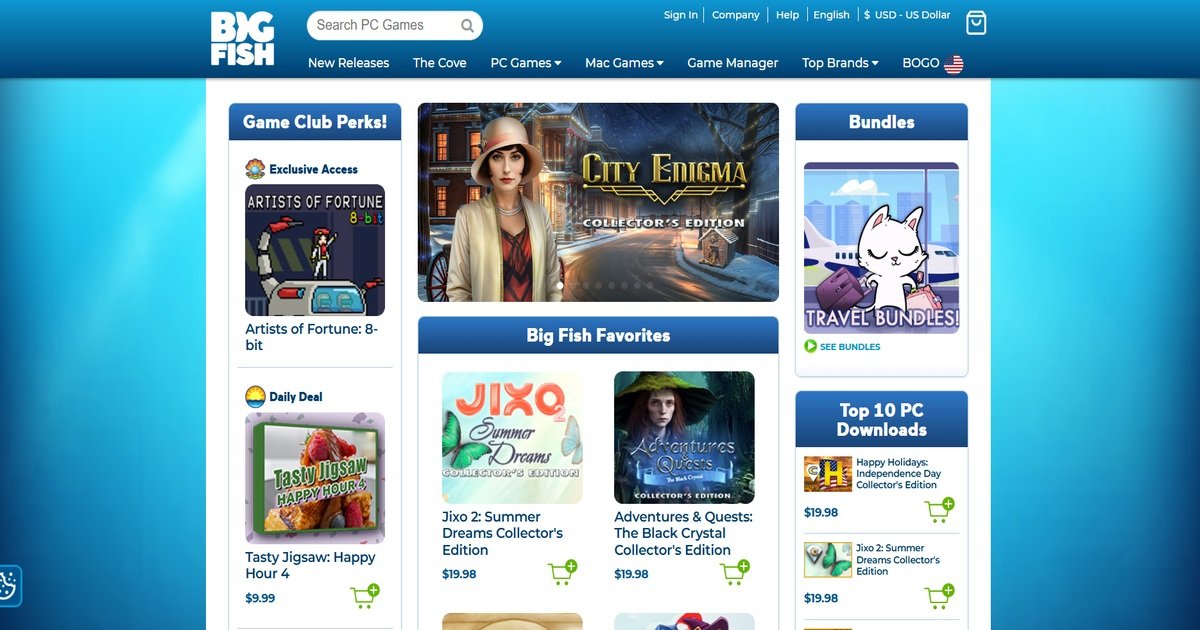 واجهة موقع Big Fish Games تعرض ألعاب الألغاز والمغامرات، أحد مواقع ألعاب أونلاين المميزة.