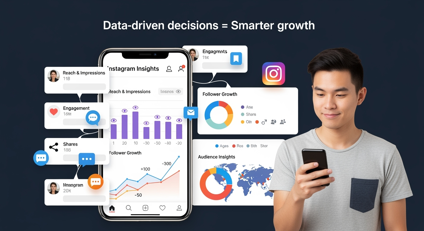 صورة تظهر شخص يراقب تحليل البيانات والإحصائيات (Insights) في منصة انستجرام