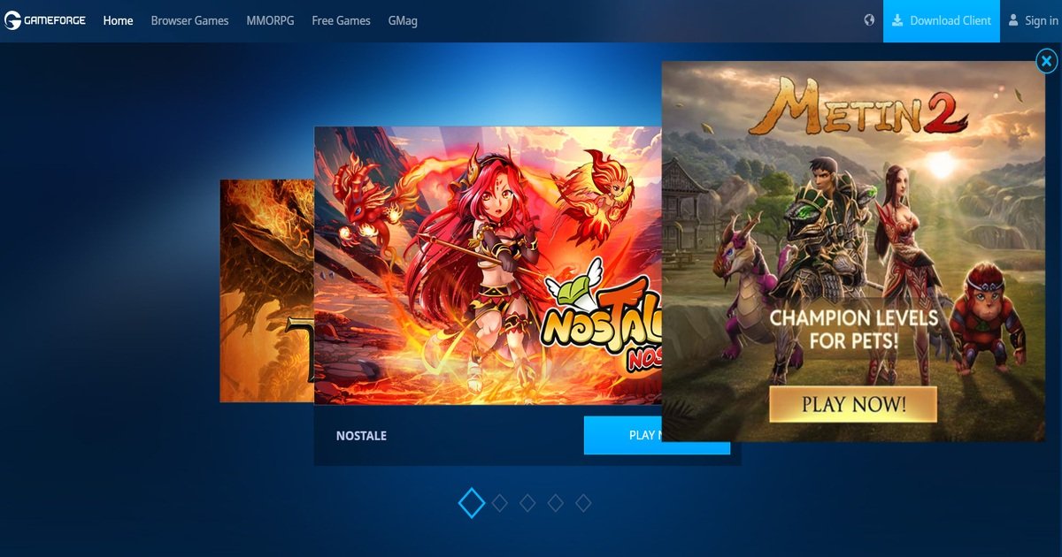 واجهة بوابة GameForge تعرض ألعاب MMO مثل Metin2 و NosTale، وتعتبر من أبرز مواقع العاب اونلاين.