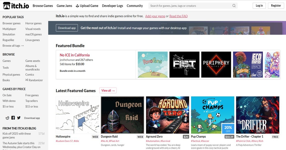 واجهة موقع Itch.io لاستكشاف الألعاب المستقلة.