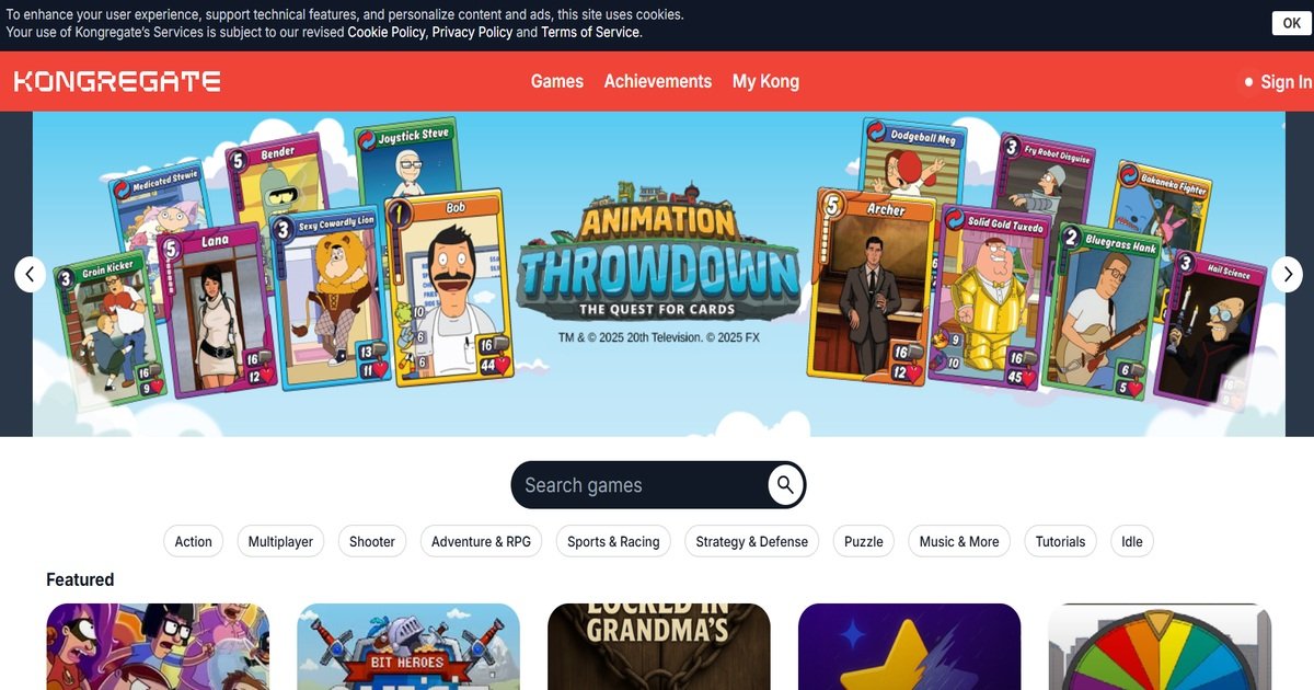 واجهة منصة Kongregate تعرض ألعابًا متنوعة مثل "Animation Throwdown"