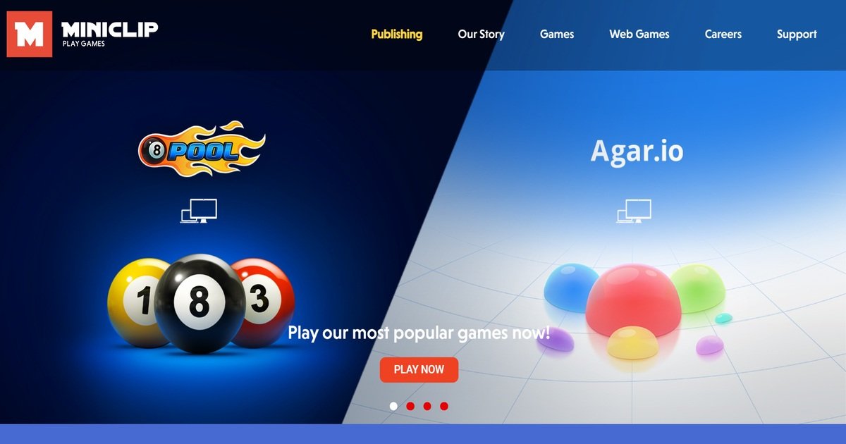 واجهة موقع Miniclip.com تعرض ألعابًا شعبية مثل 8 Ball Pool و Agar.io، أحد أشهر مواقع ألعاب أونلاين.