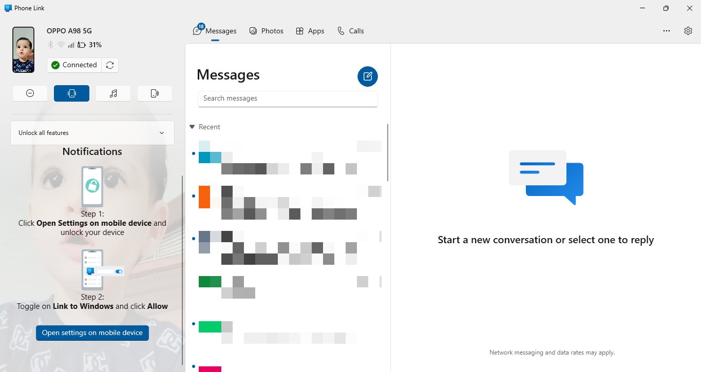 صورة لواجهة برنامج Phone Link في الحاسوب والتحكم بهاتف الأندرويد من خلال الكمبيوتر