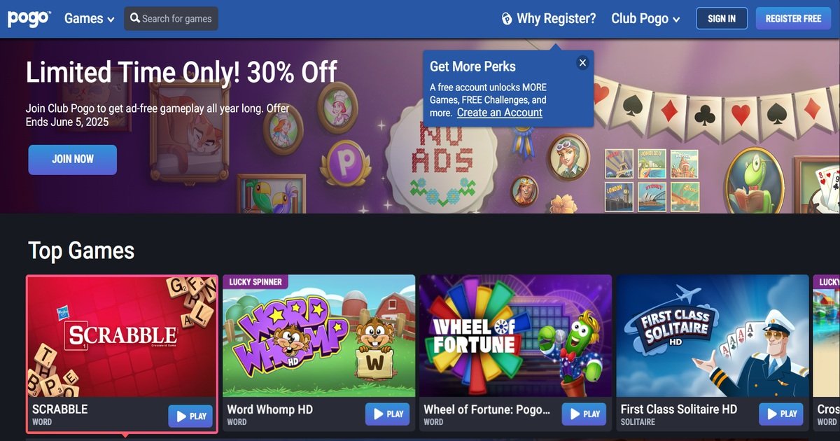 واجهة موقع Pogo.com تعرض ألعابًا مثل Scrabble وعروضًا خاصة.
