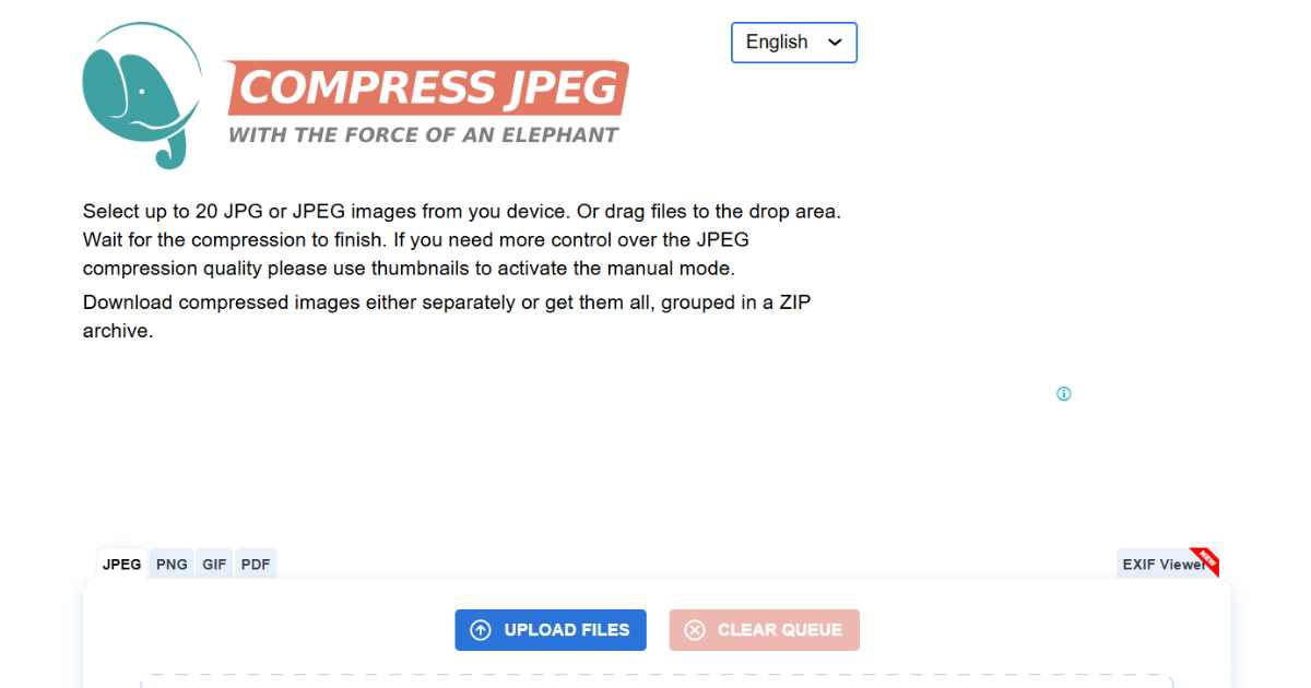 واجهة أداة CompressJPEG لضغط الصور دون فقدان الجودة.