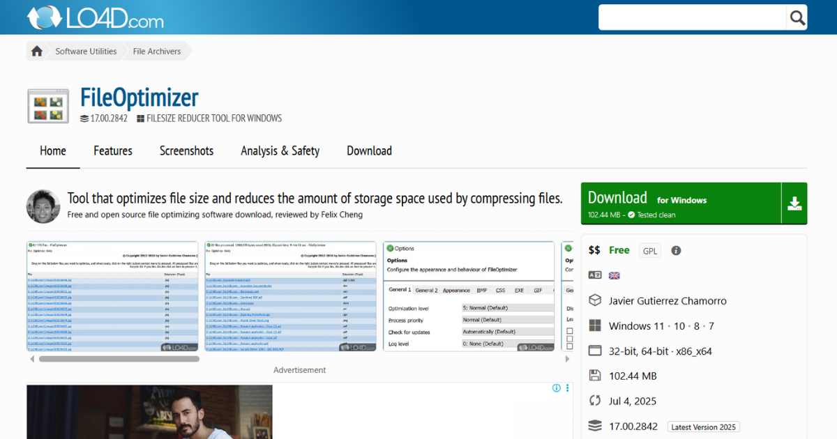 واجهة برنامج FileOptimizer لضغط الصور.