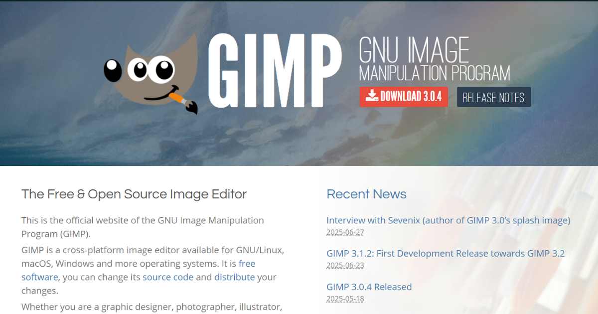 موقع برنامج GIMP، برنامج تحرير صور مفتوح المصدر.