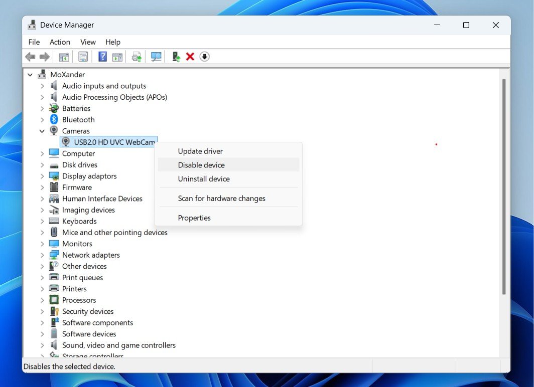 تعطيل الكاميرا من اعدادات windows device manager