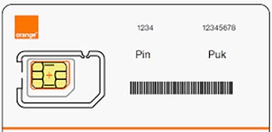 مثال لرمز PUK على بطاقة شريحة SIM من شركة orange