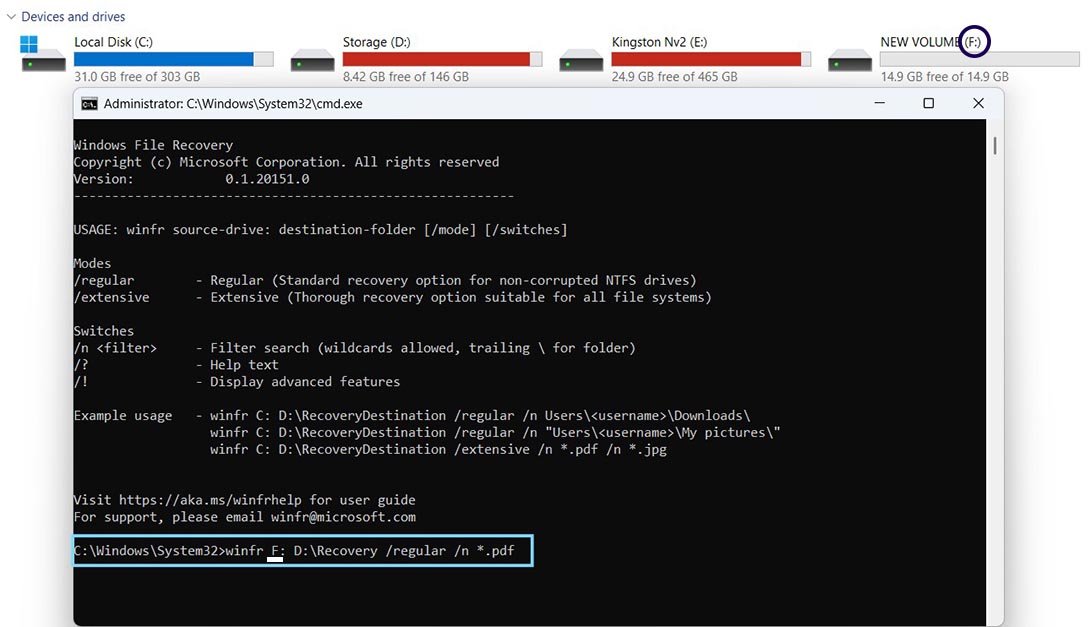 Windows File Recovery استعادة الملفات المحذوفة من فلاش USB