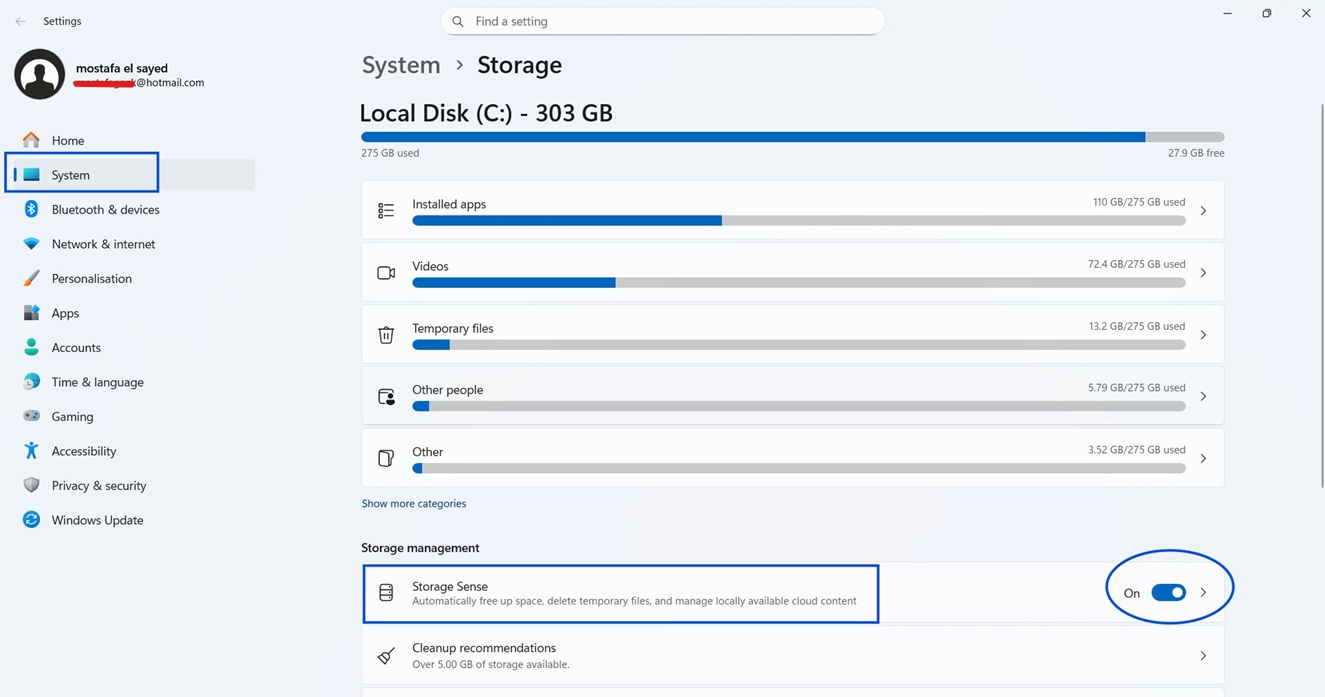 تفعيل أداة "الإحساس بالسعة التخزينية" (Storage Sense)