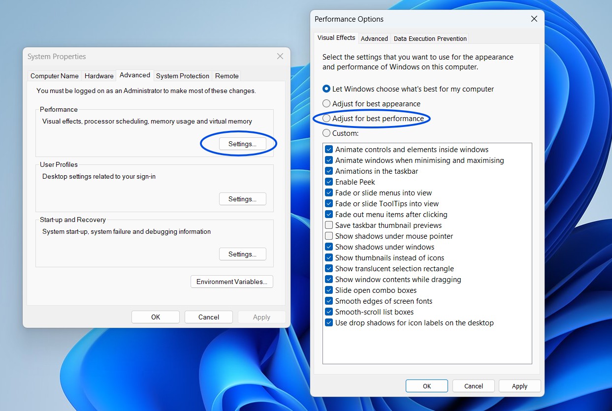 ضبط المؤثرات البصرية ويندوز للحصول على أفضل أداء