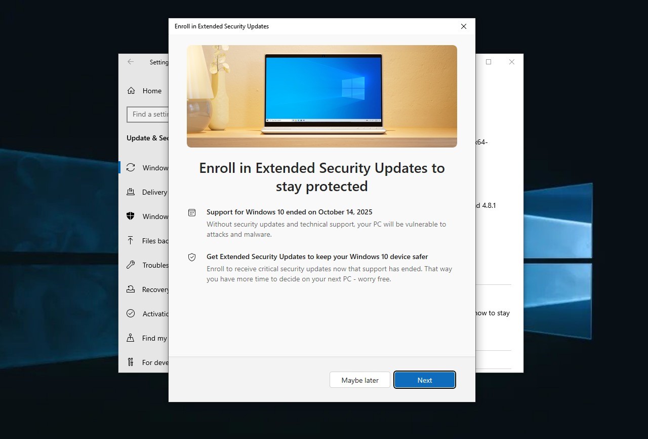 واجهة الاشتراك في تحديثات ويندوز 10 ESU