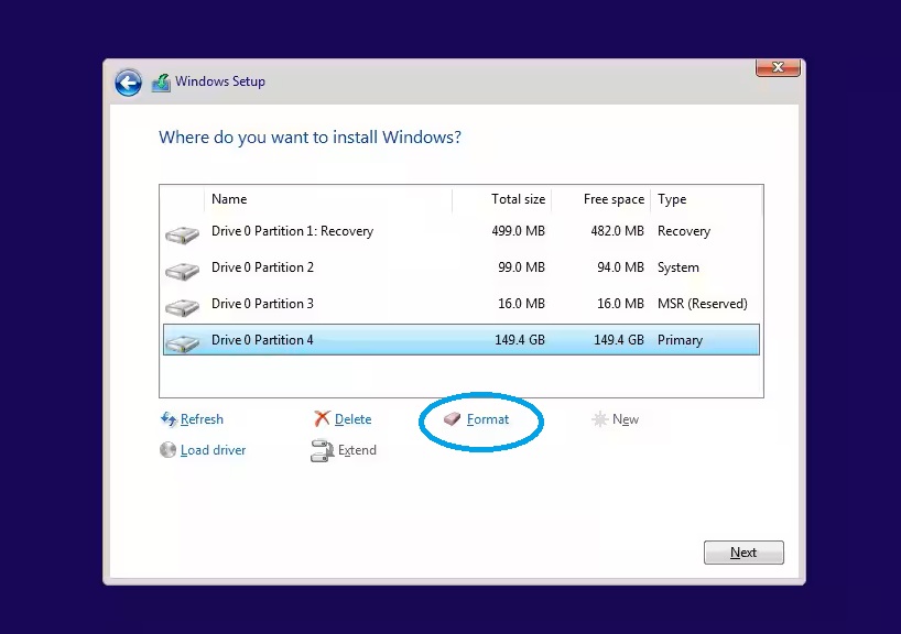 حدد البارتشن القديم (C) واضغط Format